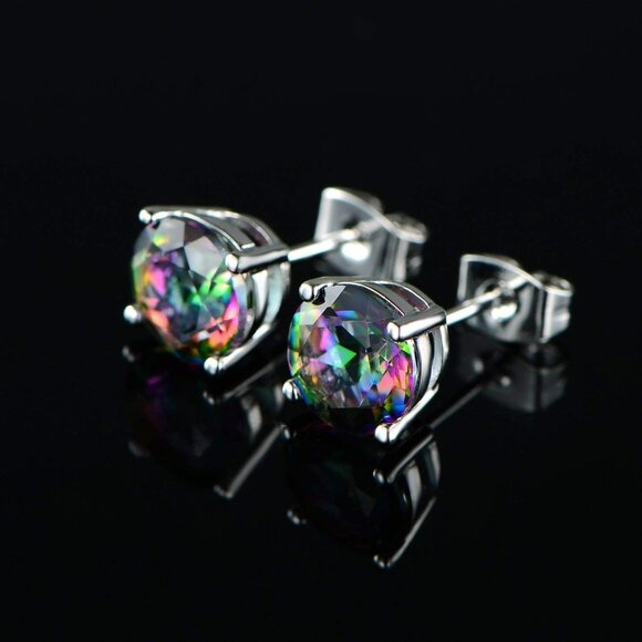 Created Rainbow Quartz Stud Earrings for Women Men 18K White Gold Plated Round/S - Picture 4 of 5